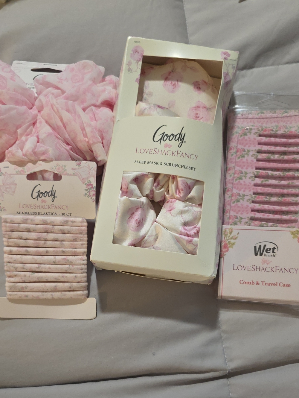 LoveShackFancy Pink Floral Sleep Mask & Matching Hair Accessories Set